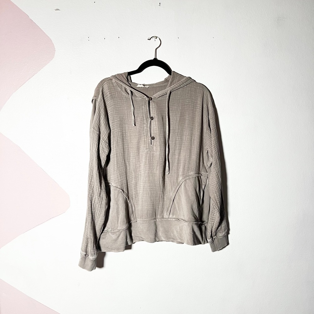 Easel Los Angeles Gauze Top Medium Grey Henley Hoodie Lagenlook Boho
